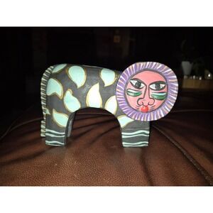 Vintage Folk Art Lion‎ Figurine Hand Painted Wood Sculpture Primitive Boho Decor